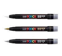 Posca - Marqueur peinture avec pointe en pinceau - Marqueur pour verre, tissu ou métal - Argenté, doré et blanc - 1 de chaque