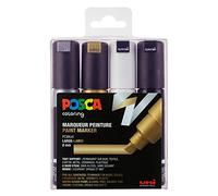 POSCA - Marqueurs acryliques PC-8K, Lot de 4, Pointe biseautée de 8 mm | 4 marqueurs en noir, blanc, or et argent, encre pigmentée à base d'eau, pointe remplaçable
