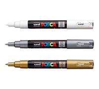 Posca PC-3 M - Marqueurs de peinture d'art - Pour tissu, verre, métal - Lot de blanc, or et argent (1 de chaque)