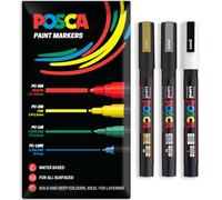 Posca - PC-3M - Lot de 3 marqueurs permanents à base d'eau - Utilisation multi-surfaces - PC-3M - Pochette de 3 stylos (or, blanc, argent)