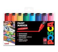 Posca PC-8K Lot de 8 marqueurs permanents à base d'eau Pointe biseautée 8 mm Étui en plastique Tons essentiels