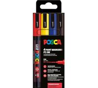 POSCA PC3M, 4 Marqueurs peinture base eau - Tout Support - Set Basique | Uni Mitsubishi Pencil - Pointe fine conique 0,9-1,3mm. Couleurs couvrantes, permanentes sur surfaces poreuses