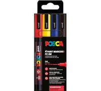 POSCA PC3M, 4 Marqueurs peinture base eau - Tout Support - Set Basique | Uni Mitsubishi Pencil - Pointe fine conique 0,9-1,3mm. Couleurs couvrantes, permanentes sur surfaces poreuses
