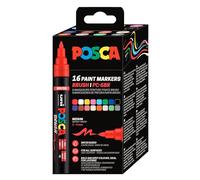POSCA PC5BR, 16 Marqueurs peinture Brush base eau - Tout Support | Uni Mitsubishi Pencil - Pointe semi-flexible moyenne 1,0-4,0mm. Couleurs couvrantes, permanentes sur surfaces poreuses