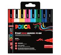 POSCA PC5BR, 8 Marqueurs peinture Brush base eau - Tout Support | Uni Mitsubishi Pencil - Pointe semi-flexible moyenne 1,0-4,0mm. Couleurs couvrantes, permanentes sur surfaces poreuses