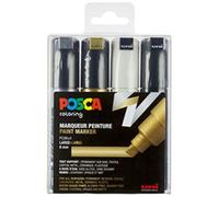 POSCA Set de 4 Marqueurs PC8K Pte large biseautée Noir - Blanc - Or- Argent