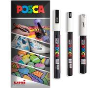 Posca - Stylo-peinture marqueur permanent à base d'eau - Utilisation sur plusieurs surfaces - PC-1MR, PC-1M, PC-3M - Lot de 3 stylos dans un étui (Blanc)