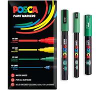 Posca - Stylo-peinture marqueur permanent à base d'eau - Utilisation sur plusieurs surfaces - PC-1MR, PC-1M, PC-3M - Lot de 3 stylos dans un étui (Vert)