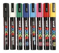POSCA UNI-BALL PC-5 M Stylo [8] Comprend 1 de chaque : noir, blanc, rose, rouge, jaune, vert, bleu et bleu clair