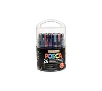 POSCA - Uni Mitsubishi Pencil - Pot Spécial Loisirs Créatifs - Pack XL - 26 Marqueurs - 2 Tailles de Pointes PC3M et PC5M - 6 Pointes de Rechange Incluses - Couleurs Métallisées et Pailletées