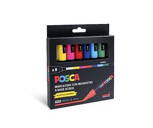 POSCA - Uniposca Set avec marqueurs acryliques pointe ronde 1,8-2,5 mm, couleurs pour tissus, bois, verre et autres, marqueurs aquarellables Uni Posca professionnels et papeterie, résistants à
