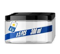 POSH Lot de 5 boîtes de conservation hermétiques de 300 ml - En PET de qualité alimentaire - Avec couvercle à visser noir - Boîtes en plastique transparent avec couvercle pour épices - Mini boîte en
