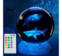 POSSHE Veilleuse en forme de requin avec boule de cristal 3D, cadeau en forme de requin avec télécommande 16 couleurs, boule de 8,9 cm pour décoration de chambre, garçons et filles, figurines cool