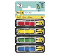 Post-it Drapeaux d’indexation fléchés, jaune, rouge, bleu et vert, 11,9 mm x 43,2 mm, 24 drapeaux par distributeur, 4 distributeurs par paquet