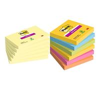 Post-it Lot de 6 Blocs de Notes repositionnables 76 x 127 mm Jaune & Notes Super Sticky, Couleurs Carnival, 76 mm x 76 mm, 90 feuilles/bloc, 6 blocs/paquet