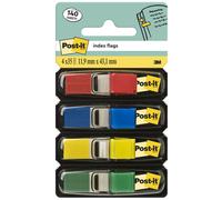 Post-it Marque-pages, petit format, jaune, rouge, bleu et vert, 11,9 mm x 43,2 mm, 35 marque-pages par distributeur, 4 distributeurs par paquet