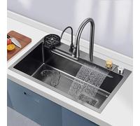 Poste de travail d'évier de cuisine en acier inoxydable 304 - Bol simple avec robinet extractible, bouton de contrôle, rondelle de tasse, panier de vidange (75 x 45 cm)