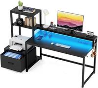 Poste de travail informatique avec tablette et surface d'impression - Poste de travail informatique réversible de 175 cm avec éclairage LED - Support d'écran et crochets pour poste de travail informat