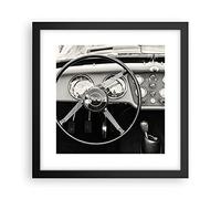 Poster Cadre Noir 30x30 cm Affiche Noir et Blanc Autos - 4853 - P2B | Volant Roue Voiture Poster Mural Moderne Décoratif Art Mural Impression d'Art Salon Chambre Cuisine Tableau Décoration ARTTOR