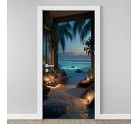 Poster de Porte Palmier Plage Autocollants de Porte Trompe l'oeil Auto-Adhésif 3D Vue sur l'Océan Tropical, Affiche Sticker de Porte Mural PVC Décoration Chambre Salon Cuisine Salle 80x200 cm