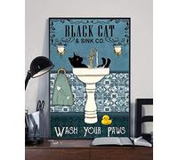 Poster humoristique en métal avec inscription « Wash Your Paw » - Chat noir - Décoration murale de salle de bain - 20,3 x 30,5 cm