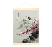 Poster mural à suspendre sur toile motif oiseau traditionnel asiatique fleur de cerisier montagne printemps rouge œuvre d'art peinture murale chambre salon bureau 30,5 x 40,6 cm