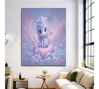 Poster Mural Licorne Dessin Animé 3D Violette Claire Toile Peinture Tableau Decoration Murale Tableaux Animal Mignon Nuages, Posters Murale Chambre Salon Sans Cadre Impression Sur Toile 70X100Cm