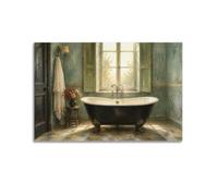 Poster vintage d'intérieur de salle de bain avec pattes de griffes | Scène de salle de bain peinte au soleil avec baignoire en forme de griffe, applique en laiton, fleurs et murs verts vieillis