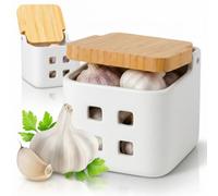 Pot à Ail en Céramique Couvercle Bambou, Boîte Oignon Échalote, Blanc | Rangement et conservation des légumes secs, 11,5 cm, finition brillante, trous d'aération