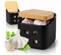 Pot à Ail en Céramique Couvercle Bambou, Boîte Oignon Échalote, Noir Mat | Rangement et conservation des légumes secs, 11,5 cm, finition mate, trous d'aération