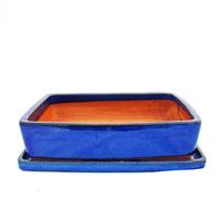pot à bonsaï avec soucoupe, taille 6 - bleu - rectangulaire - g30 - longueur 36 cm - largeur 27 cm - hauteur 9 cm