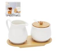 Pot À Crème en Céramique, Ensemble de Lait et de Sucre avec Couvercle et Cuillère, Pot À Lait et Sucrier avec Plateau en Bois, Ensemble de Pots À Lait et Sucre en Céramique, pour Cuisine, Blanc