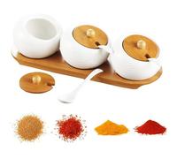 Pot à épices - Exquis - Céramique + Bambou - 3 Récipients avec Couvercles - Plateau de Service Inclus