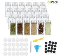 Pot à épices - Set de 24 - Verre - Couvercles hermétiques - Étiquettes incluses - Brosse et entonnoir