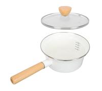 Pot à Lait Émaillé Blanc à Manche Bois et Couvercle en Verre | Fond Épais, Forme Ronde, Usage sur Cuisinière, pour Lait et Porridge, Service Repas, Petites Cuisines