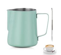 Pot à Lait en Acier Inoxydable,Tianher Pot à Lait en Acier Inoxydable à Main Levée Café Barista Inox Pichet avec Mesure Mark et Latte Art Pen pour Création Cappuccino Espresso (vert)