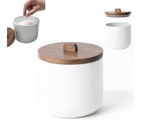 Pot à Sel en Céramique, Boîte à Gros Sel Hermétique 11.5 cm, Blanc | Couvercle bois d'acacia, salière multiusage pour sucre ou épices, design nordique, rangement cuisine