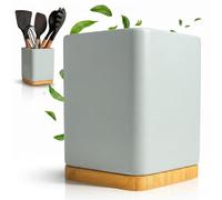 Pot à Ustensiles de Cuisine en Céramique, Base Bambou, Vert Sauge Mat | Rangement carré 10,5x15 cm pour spatules, louches et fouets, porte-couverts stable et moderne