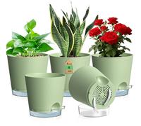 Pot de culture autonettoyant de 20 cm, lot de 5, en plastique, de couleur verte, avec réservoir d'eau transparent et indicateur de niveau d'eau visible