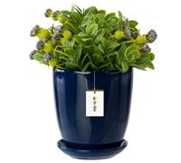 Pot de fleur bleu foncé avec soucoupe Rond dimensions 195 mm x 215 mm Surface brillant céramique glamour moderne