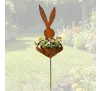 Pot de fleurs de Pâques vintage en métal en forme de lapin, finition patine rustique, décoration de lapin pour extérieur, jardin, cour, piquet décoratif pour petites fleurs, plantes succulentes