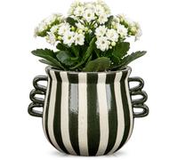 Pot de fleurs décoratif en céramique à rayures | 16 cm, vert et blanc, aspect fait à la main, sans trou de drainage, pot et vase 2 en 1 avec 3 anses, surface émaillée