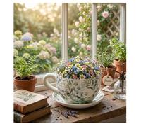 Pot de fleurs - EDEN - En forme de tasse - Décor eucalyptus - Céramique - 15 x 20 cm