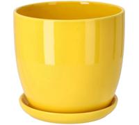 Pot de fleurs en céramique - KOTARBAU - 13 cm - Jaune - Avec bac d'égouttement - Cylindrique