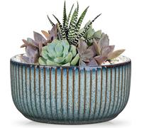 Pot de fleurs en céramique nervurée pour bonsaï avec trou de drainage et soucoupe - Bleu, diamètre d'ouverture 14 cm