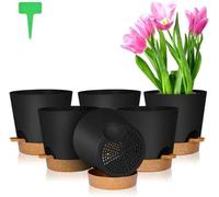Pot de fleurs en plastique avec soucoupe et système d'arrosage automatique, lot de 6