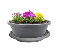 Pot de fleurs et soucoupe résistant aux intempéries avec trou - Grand pot de fleurs rond de 35 cm - Gris - Résistant au gel pour l'extérieur - Pot de fleurs pour tombe