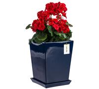 Pot de fleurs Pot de fleurs avec soucoupe Carré LxH : 29,5 cm x 34 cm Bleu foncé brillant Surface, Simple et minimaliste, Interne Haut, écoulement en bas, Support Orchidée Vase Kerami