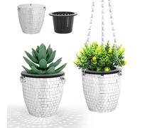 Pot de Fleurs Suspendu Boule à Facette Disco, Cache-Pot Boule Disco avec Corde, Argenté Mosaique Miroir Décoration Jardinière pour Cactus Succulent, 4 Pouces