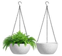 Pot de fleurs suspendu en plastique, lot de 2, Ø 25 cm, blanc moucheté, grand pot rond muni d'un crochet pour l'intérieur et l'extérieur, pot de fleurs suspendu décoratif pour la maison et le bureau